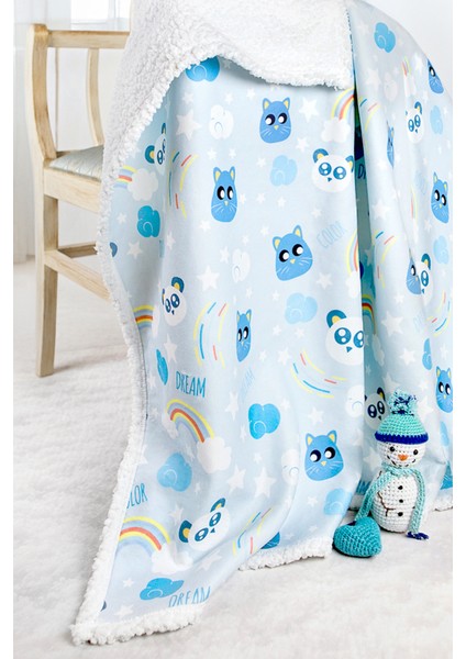 Fluffy Dream Ultra Yumuşak Mikro Polar Unisex Bebek Battaniyesi, Hayvan Desenli, Beyaz-Mavi, 80x100 cm