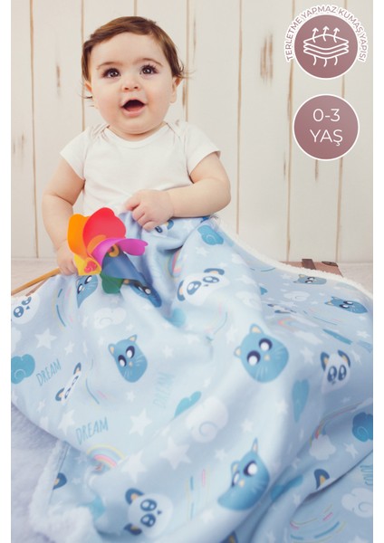 Fluffy Dream Ultra Yumuşak Mikro Polar Unisex Bebek Battaniyesi, Hayvan Desenli, Beyaz-Mavi, 80x100 cm