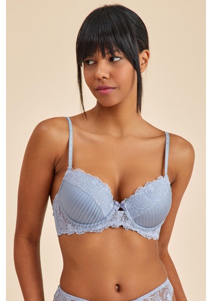 Paris Gri Mavi Balenli Dantelli Dolgulu Push-Up Sütyen