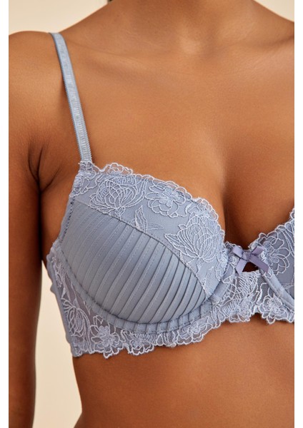 Paris Gri Mavi Balenli Dantelli Dolgulu Push-Up Sütyen