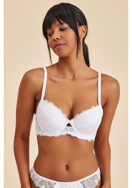 Paris Ekru Balenli Dantelli Dolgulu Push-Up Sütyen