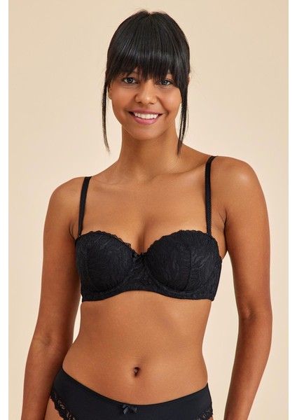 Amy Siyah Balenli Dantelli Dolgusuz Pedli Toparlayıcı Straplez Sütyen