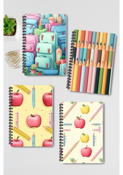 Okula Dönüş Tasarım Tel Spiralli 4'lü Hatıra, Günlük, Ajanda, Anı, Okul Defter Seti