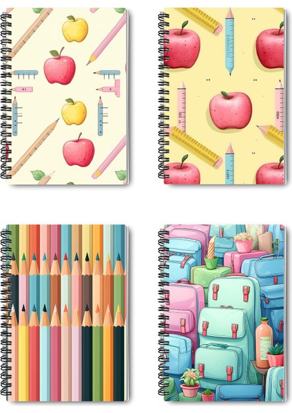 Okula Dönüş Tasarım Tel Spiralli 4'lü Hatıra, Günlük, Ajanda, Anı, Okul Defter Seti