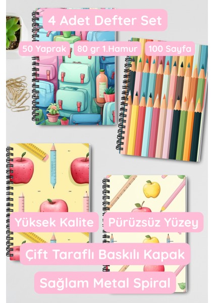 Okula Dönüş Tasarım Tel Spiralli 4'lü Hatıra, Günlük, Ajanda, Anı, Okul Defter Seti