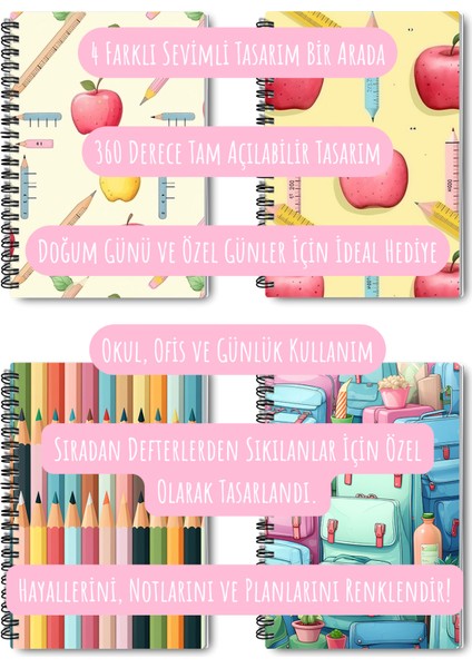 Okula Dönüş Tasarım Tel Spiralli 4'lü Hatıra, Günlük, Ajanda, Anı, Okul Defter Seti
