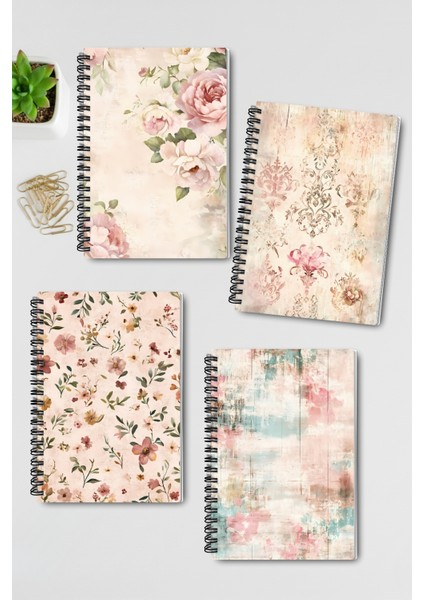 Soft Renkli Retro Temalı Tasarım Tel Spiralli 4'lü Hatıra, Günlük, Ajanda, Anı, Okul Defter Seti