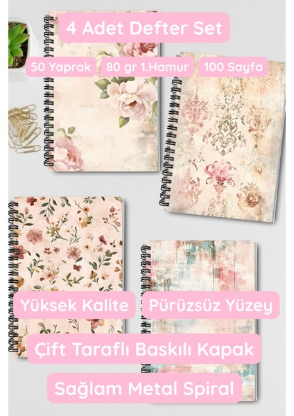 Soft Renkli Retro Temalı Tasarım Tel Spiralli 4'lü Hatıra, Günlük, Ajanda, Anı, Okul Defter Seti