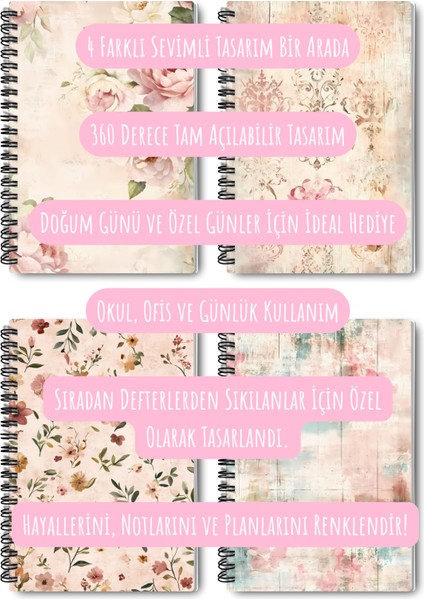 Soft Renkli Retro Temalı Tasarım Tel Spiralli 4'lü Hatıra, Günlük, Ajanda, Anı, Okul Defter Seti