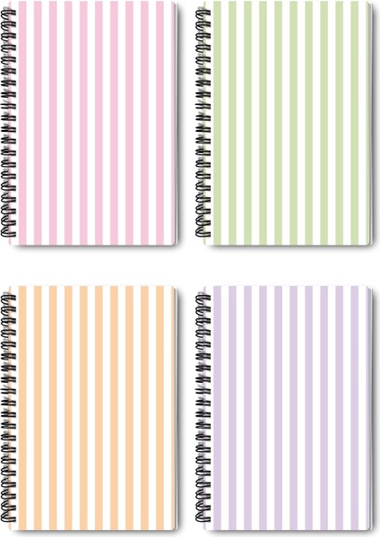 Pastel Renkler Temalı Tasarım Tel Spiralli 4'lü Hatıra, Günlük, Ajanda, Anı, Okul Defter Seti