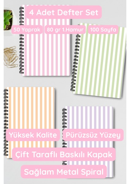 Pastel Renkler Temalı Tasarım Tel Spiralli 4'lü Hatıra, Günlük, Ajanda, Anı, Okul Defter Seti