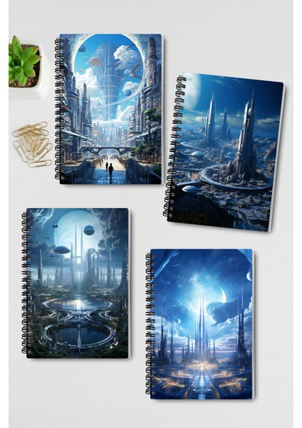 Fütüristik Şehirler Temalı Tasarım Tel Spiralli 4'lü Hatıra, Günlük, Ajanda, Anı, Okul Defter Seti