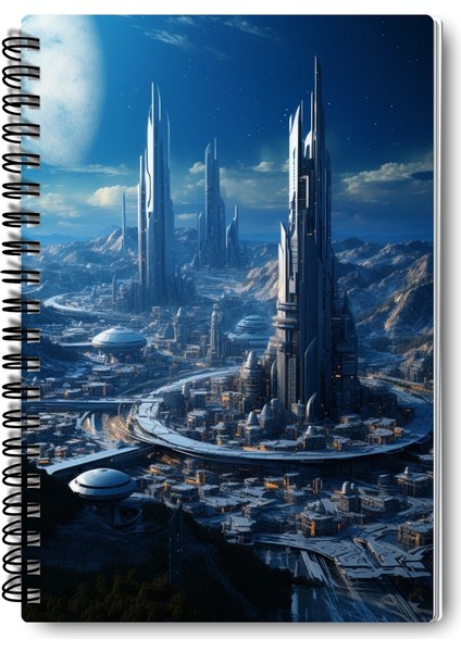 Fütüristik Şehirler Temalı Tasarım Tel Spiralli 4'lü Hatıra, Günlük, Ajanda, Anı, Okul Defter Seti modelleri
