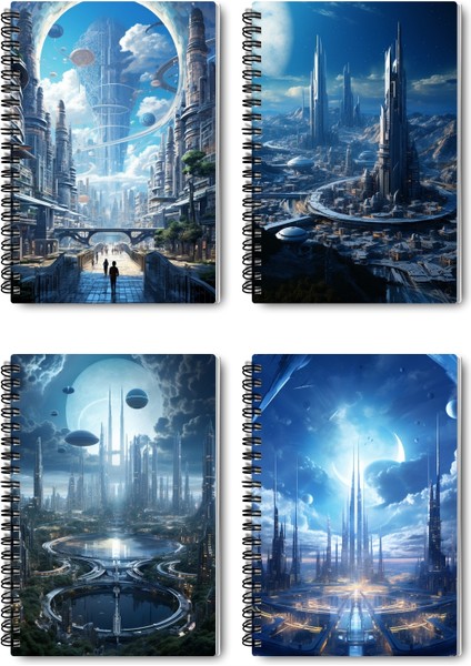 Fütüristik Şehirler Temalı Tasarım Tel Spiralli 4'lü Hatıra, Günlük, Ajanda, Anı, Okul Defter Seti