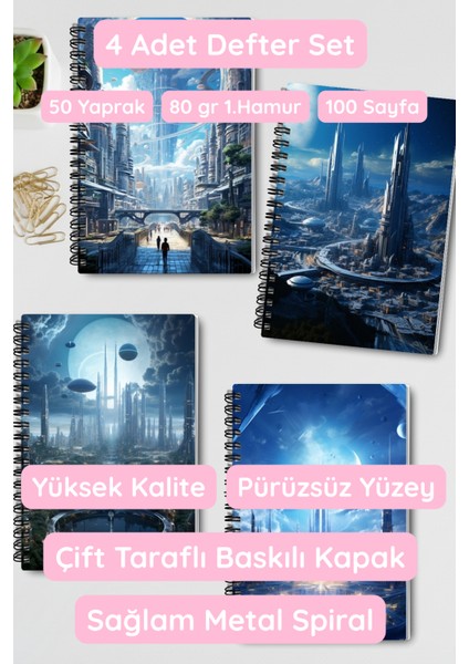 Fütüristik Şehirler Temalı Tasarım Tel Spiralli 4'lü Hatıra, Günlük, Ajanda, Anı, Okul Defter Seti