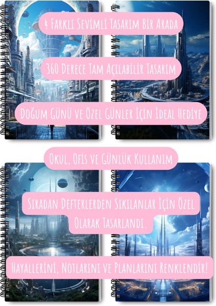 Fütüristik Şehirler Temalı Tasarım Tel Spiralli 4'lü Hatıra, Günlük, Ajanda, Anı, Okul Defter Seti