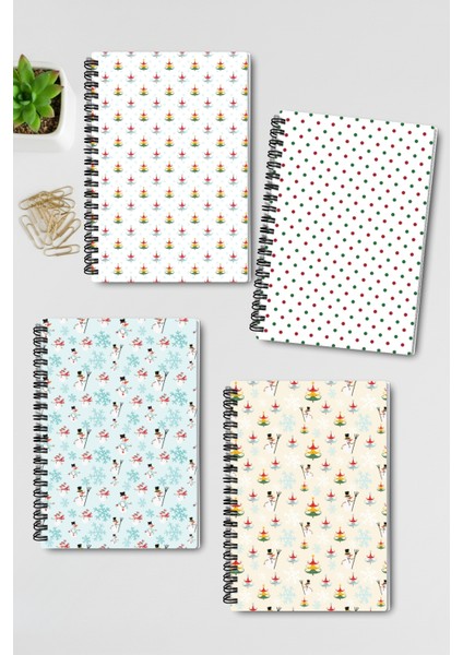 Yılbaşı Temalı Tasarım Tel Spiralli 4'lü Hatıra, Günlük, Ajanda, Anı, Okul Defter Seti