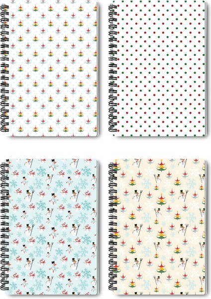 Yılbaşı Temalı Tasarım Tel Spiralli 4'lü Hatıra, Günlük, Ajanda, Anı, Okul Defter Seti