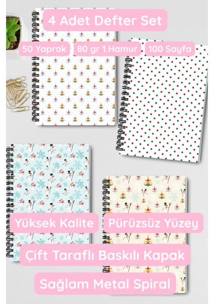 Yılbaşı Temalı Tasarım Tel Spiralli 4'lü Hatıra, Günlük, Ajanda, Anı, Okul Defter Seti