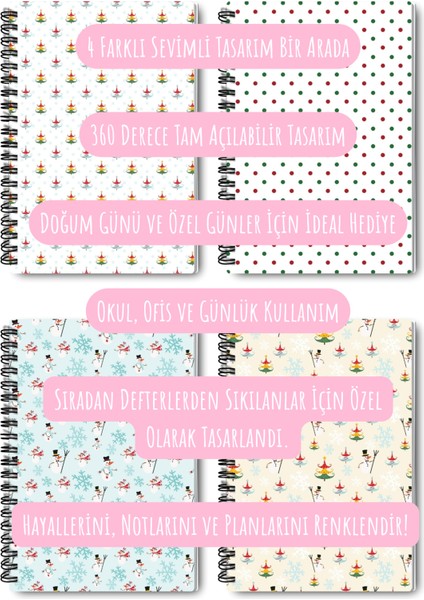 Yılbaşı Temalı Tasarım Tel Spiralli 4'lü Hatıra, Günlük, Ajanda, Anı, Okul Defter Seti