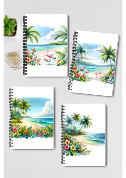 Tropikal Sahil Tasarım Tel Spiralli 4'lü Hatıra, Günlük, Ajanda, Anı, Okul Defter Seti