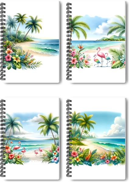 Tropikal Sahil Tasarım Tel Spiralli 4'lü Hatıra, Günlük, Ajanda, Anı, Okul Defter Seti