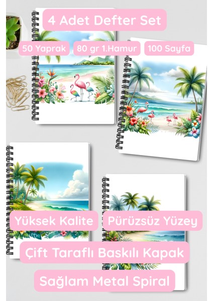 Tropikal Sahil Tasarım Tel Spiralli 4'lü Hatıra, Günlük, Ajanda, Anı, Okul Defter Seti
