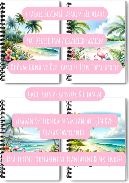 Tropikal Sahil Tasarım Tel Spiralli 4'lü Hatıra, Günlük, Ajanda, Anı, Okul Defter Seti