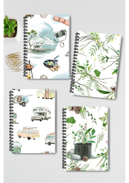 Doğa ve Kamp Temalı Tasarım Tel Spiralli 4'lü Hatıra, Günlük, Ajanda, Anı, Okul Defter Seti