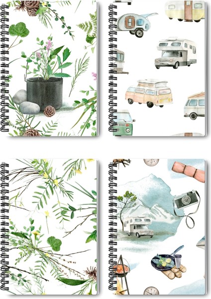 Doğa ve Kamp Temalı Tasarım Tel Spiralli 4'lü Hatıra, Günlük, Ajanda, Anı, Okul Defter Seti