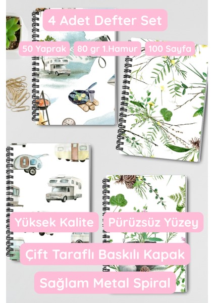 Doğa ve Kamp Temalı Tasarım Tel Spiralli 4'lü Hatıra, Günlük, Ajanda, Anı, Okul Defter Seti