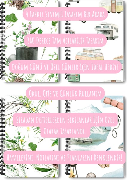 Doğa ve Kamp Temalı Tasarım Tel Spiralli 4'lü Hatıra, Günlük, Ajanda, Anı, Okul Defter Seti