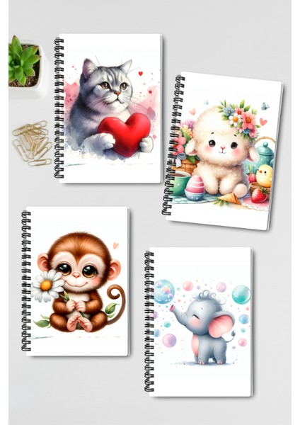 Sevimli Hayvanlar No:1 Tasarım Tel Spiralli 4'lü Hatıra, Günlük, Ajanda, Anı, Okul Defter Seti