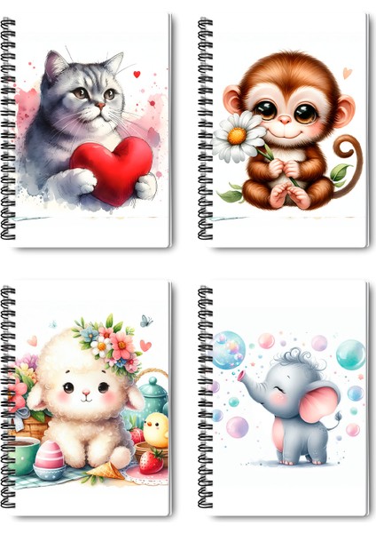 Sevimli Hayvanlar No:1 Tasarım Tel Spiralli 4'lü Hatıra, Günlük, Ajanda, Anı, Okul Defter Seti