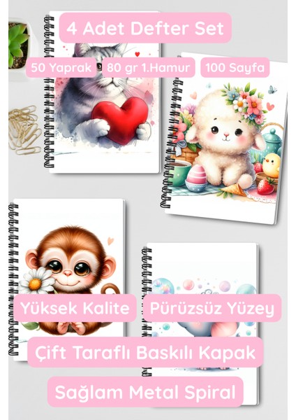 Sevimli Hayvanlar No:1 Tasarım Tel Spiralli 4'lü Hatıra, Günlük, Ajanda, Anı, Okul Defter Seti