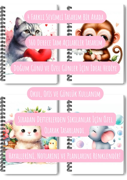 Sevimli Hayvanlar No:1 Tasarım Tel Spiralli 4'lü Hatıra, Günlük, Ajanda, Anı, Okul Defter Seti