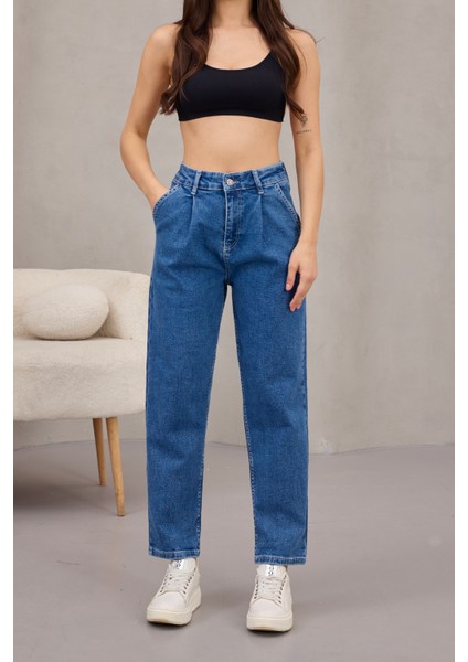 Kadın Yüksek Bel Likralı Pileli Mom Jeans