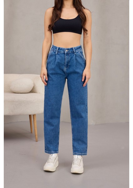 Kadın Yüksek Bel Likralı Pileli Mom Jeans fiyatları