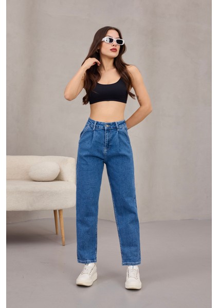Kadın Yüksek Bel Likralı Pileli Mom Jeans fırsatları