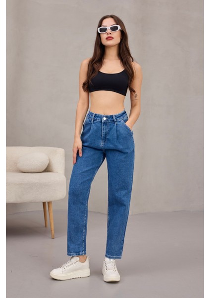 Kadın Yüksek Bel Likralı Pileli Mom Jeans