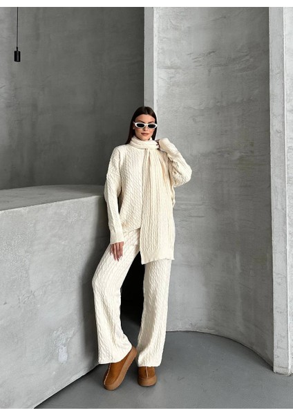 Kahve Atkılı Saç Örgülü Triko Pantolon Takım modelleri