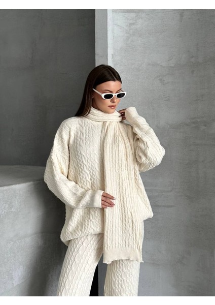 Kahve Atkılı Saç Örgülü Triko Pantolon Takım