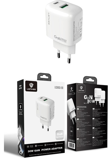 LCH93 Type-C ve USB Gan Teknolojili Pd Hızlı Şarj Özellikli Şarj Başlığı 30W Beyaz
