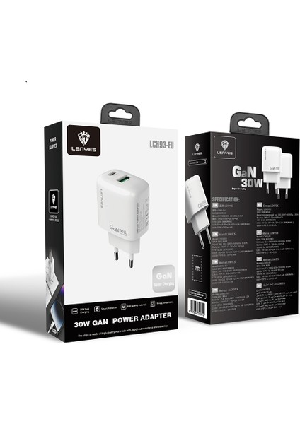 LCH93 Type-C ve USB Gan Teknolojili Pd Hızlı Şarj Özellikli Şarj Başlığı 30W Beyaz