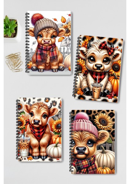Sonbahar Temalı Sevimli Inek Tasarım Tel Spiralli 4'lü Günlük, Ajanda, Anı, Okul Defter Seti