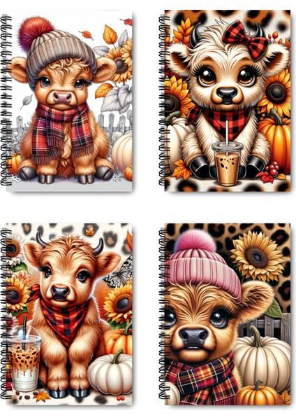 Sonbahar Temalı Sevimli Inek Tasarım Tel Spiralli 4'lü Günlük, Ajanda, Anı, Okul Defter Seti