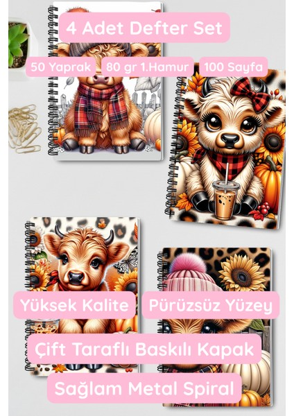 Sonbahar Temalı Sevimli Inek Tasarım Tel Spiralli 4'lü Günlük, Ajanda, Anı, Okul Defter Seti