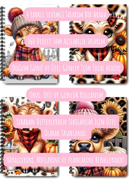 Sonbahar Temalı Sevimli Inek Tasarım Tel Spiralli 4'lü Günlük, Ajanda, Anı, Okul Defter Seti