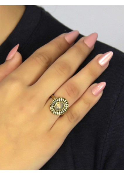 Doğal Taş Labradorit Doğal Taşlı Antik Model Kadın Ayarlanabillir Yüzük EUY74LBT