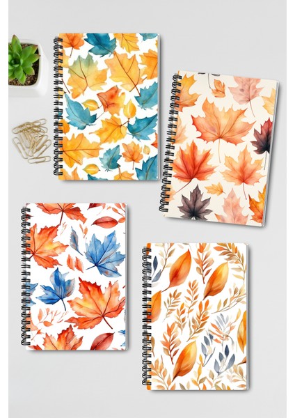 Sonbahar Yaprakları No:1 Tasarım Tel Spiralli 4'lü Hatıra, Günlük, Ajanda, Anı, Okul Defter Seti
